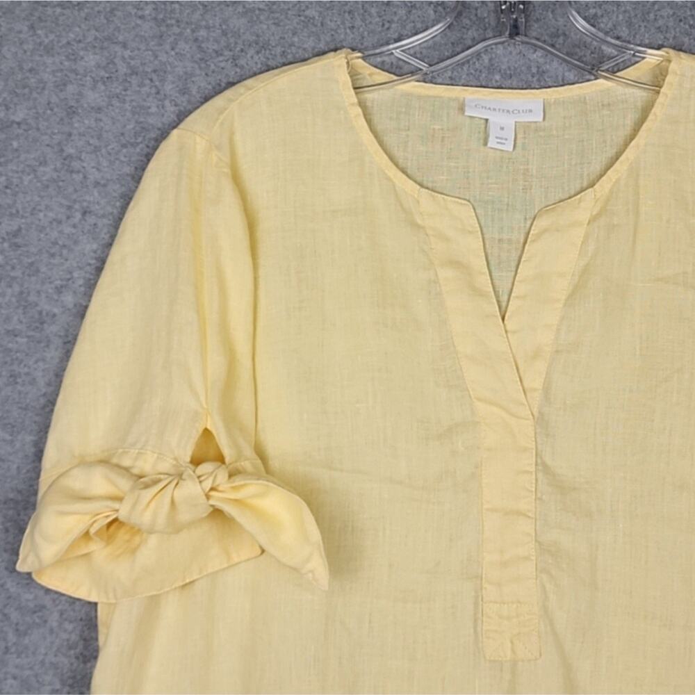 Women's Linen Blouse Short Sleeve Yellow V-Neck Charter Club Pullover Medium